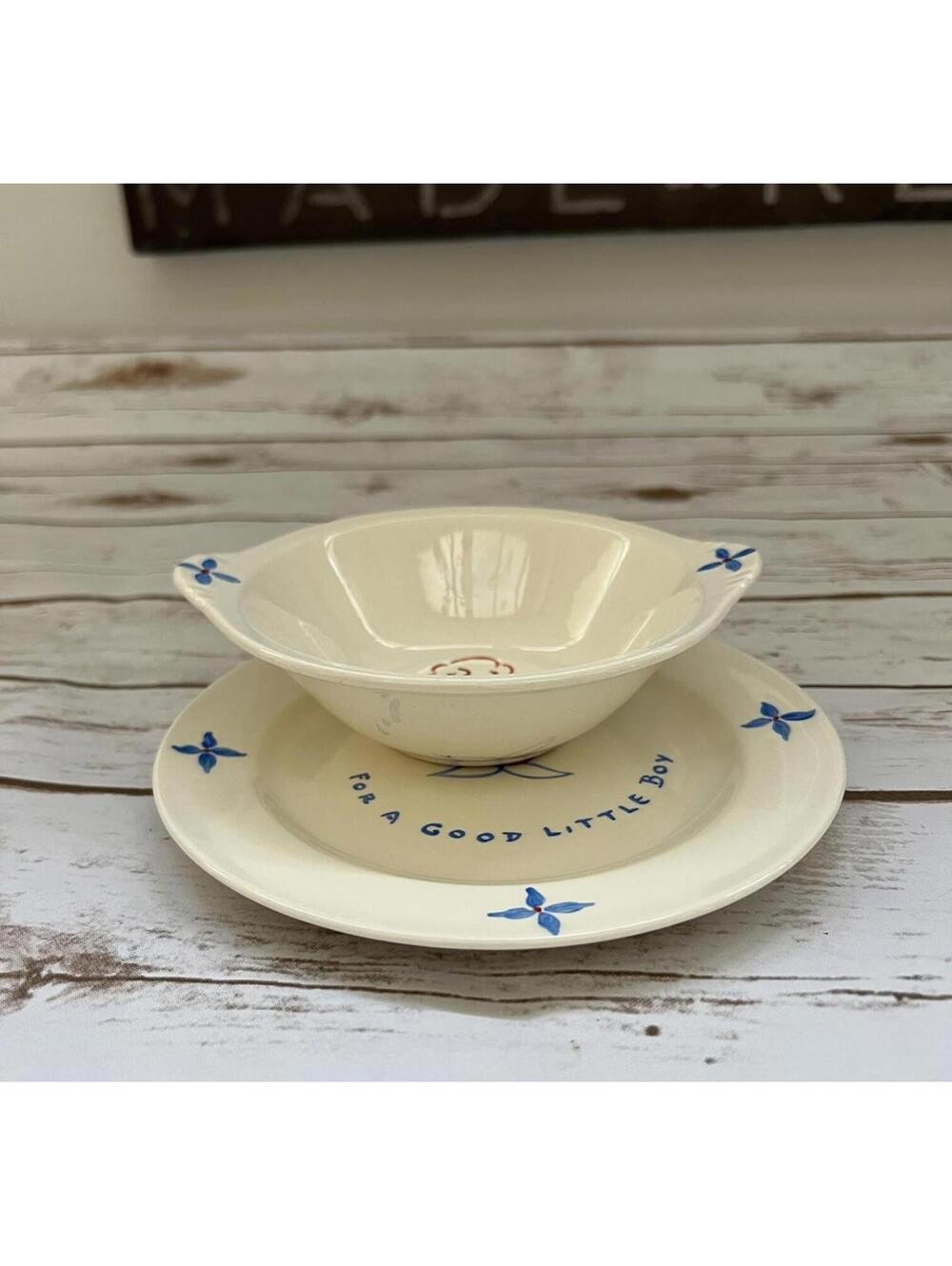 Edwin M. Knowles For a Good Little Boy Bowl and Plate Set Cream Blue Vintage OS